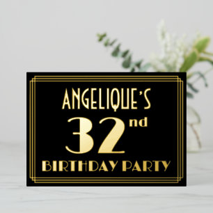 Invitación Con Relieve Metalizado Fiesta de cumpleaños número 32: Look Art Deco “32”