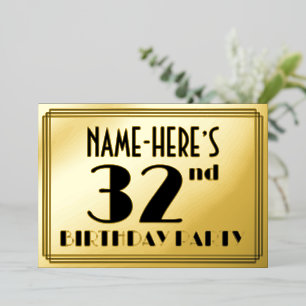 Invitación Con Relieve Metalizado Fiesta de cumpleaños número 32 — Look Art Deco “32