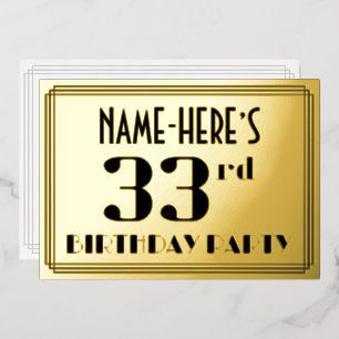 Invitación Con Relieve Metalizado Fiesta de cumpleaños número 33: Aspecto Art Deco “