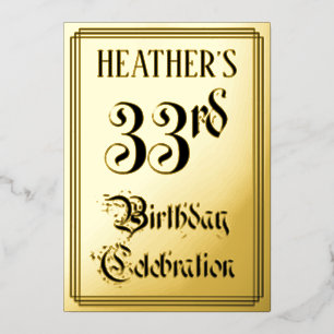 Invitación Con Relieve Metalizado Fiesta de Cumpleaños número 33 — Letra Elegante +