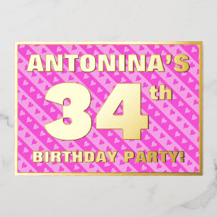 Invitación Con Relieve Metalizado Fiesta de cumpleaños número 34 — Corazones y rayas