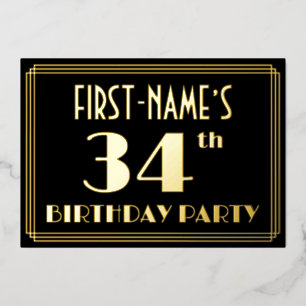 Invitación Con Relieve Metalizado Fiesta de cumpleaños número 34: Look Art Déco “34”