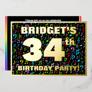 Invitación Con Relieve Metalizado Fiesta de cumpleaños número 34 — Símbolos de músic