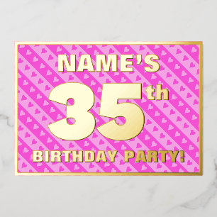 Invitación Con Relieve Metalizado Fiesta de cumpleaños número 35 — Corazones y rayas