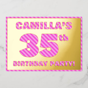 Invitación Con Relieve Metalizado Fiesta de cumpleaños número 35 — Rayas rosadas, di