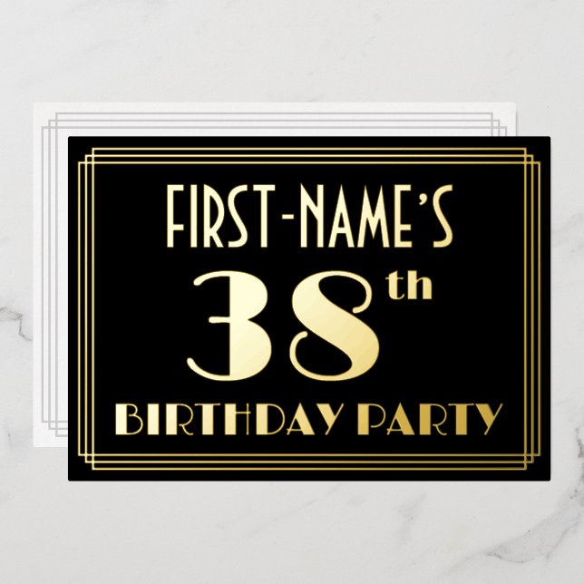 Invitación Con Relieve Metalizado Fiesta de Cumpleaños número 38: Look Art Deco “38” (Anverso/Reverso)