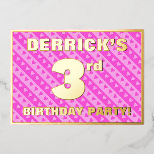 Invitación Con Relieve Metalizado Fiesta de cumpleaños número 3 — Corazones y rayas