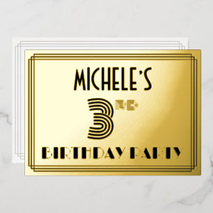 Invitación Con Relieve Metalizado Fiesta de cumpleaños número 3 — Estilo Art Deco “3