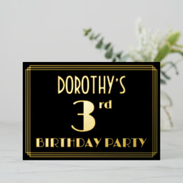 Invitación Con Relieve Metalizado Fiesta de cumpleaños número 3: Look Art Deco “3”,