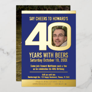 Invitación Con Relieve Metalizado fiesta de cumpleaños número 40 azul oscuro con fot