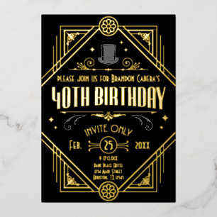 Invitación Con Relieve Metalizado Fiesta de Cumpleaños número 40 con estilo Art Déco