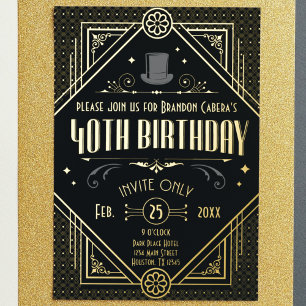 Invitación Con Relieve Metalizado Fiesta de Cumpleaños número 40 con estilo Art Déco
