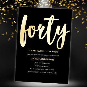 Invitación Con Relieve Metalizado Fiesta de cumpleaños número 40 de Gold Black