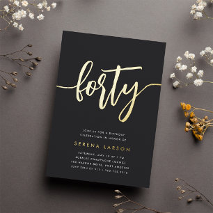 Invitación Con Relieve Metalizado Fiesta de cumpleaños número 40 de Golden Script