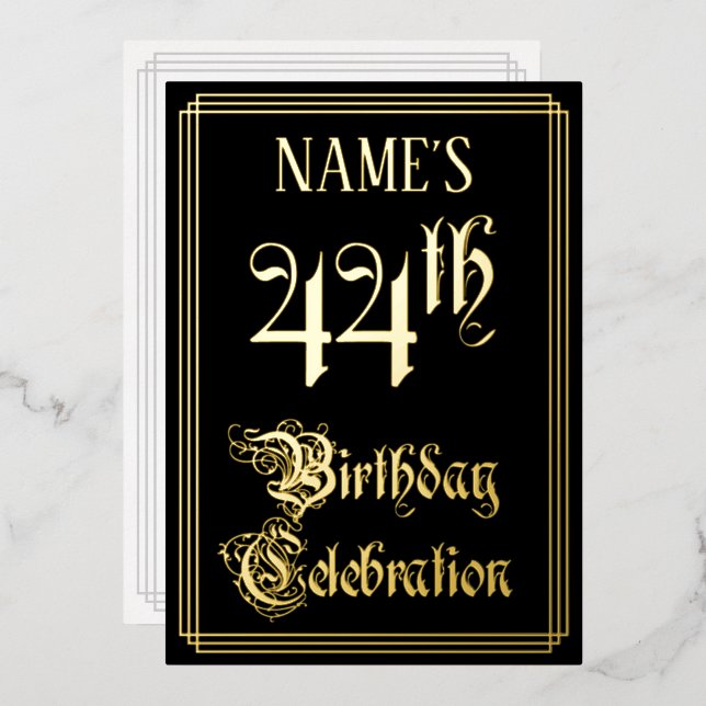 Invitación Con Relieve Metalizado Fiesta de Cumpleaños número 44 — Letra Elegante y  (Anverso/Reverso)