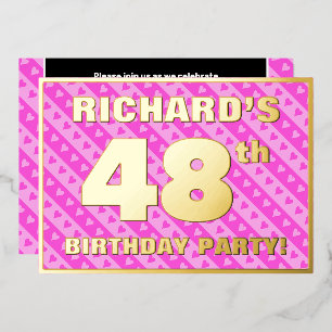 Invitación Con Relieve Metalizado Fiesta de cumpleaños número 48 — Corazones y rayas
