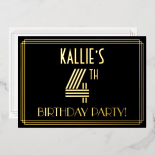 Invitación Con Relieve Metalizado Fiesta de cumpleaños número 4 — Estilo Art Deco “4