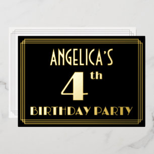 Invitación Con Relieve Metalizado Fiesta de cumpleaños número 4: Look Art Déco “4”,