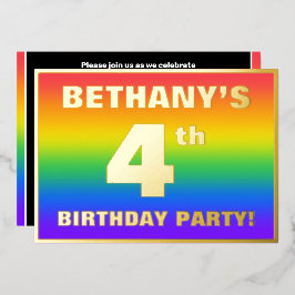 Invitación Con Relieve Metalizado Fiesta de cumpleaños número 4: Patrón de arcoíris 