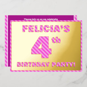 Invitación Con Relieve Metalizado Fiesta de cumpleaños número 4 — Rayas rosadas, div