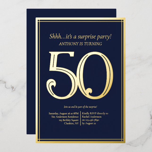 Invitación Con Relieve Metalizado Fiesta de cumpleaños número 50 de los hombres (Anverso/Reverso)