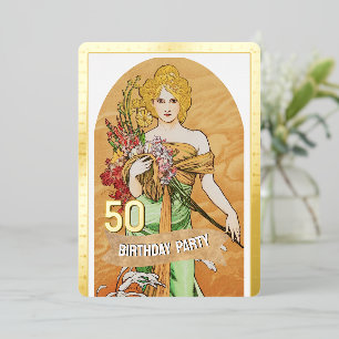 Invitación Con Relieve Metalizado Fiesta de cumpleaños número 50, Diosa de la Primav