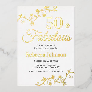 Invitación Con Relieve Metalizado Fiesta de cumpleaños número 50 dorada y fabulosa