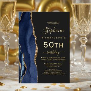Invitación Con Relieve Metalizado Fiesta de cumpleaños número 50 Navy Blue Gold Agat