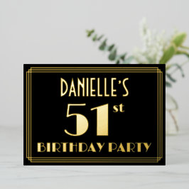 Invitación Con Relieve Metalizado Fiesta de cumpleaños número 51: Art Deco Look "51"