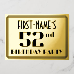Invitación Con Relieve Metalizado Fiesta de cumpleaños número 52: Aspecto Art Deco “