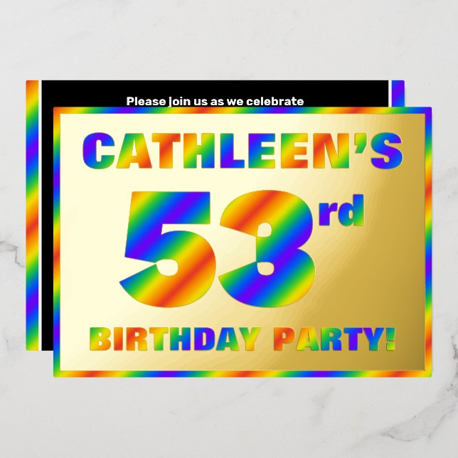 Invitación Con Relieve Metalizado Fiesta de cumpleaños número 53 — Divertido “53” co (Anverso/Reverso)