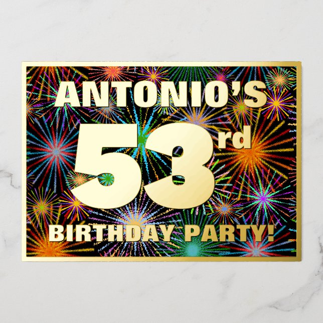 Invitación Con Relieve Metalizado Fiesta de cumpleaños número 53 — Fuegos artificial (Anverso)