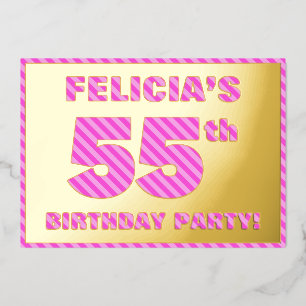 Invitación Con Relieve Metalizado Fiesta de cumpleaños número 55 — Rayas rosadas, di