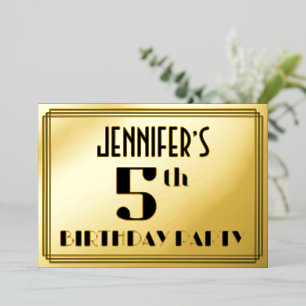 Invitación Con Relieve Metalizado Fiesta de cumpleaños número 5: Aspecto Art Deco “5