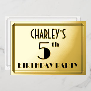 Invitación Con Relieve Metalizado Fiesta de cumpleaños número 5 — Look Art Deco “5” 