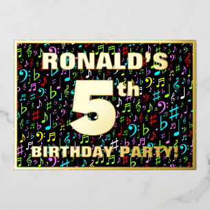 Invitación Con Relieve Metalizado Fiesta de cumpleaños número 5 — Símbolos musicales