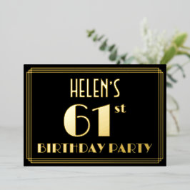 Invitación Con Relieve Metalizado Fiesta de cumpleaños número 61: Look Art Deco “61”