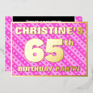 Invitación Con Relieve Metalizado Fiesta de cumpleaños número 65 — Corazones y rayas