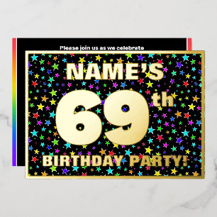 Invitación Con Relieve Metalizado Fiesta de cumpleaños número 69 — Patrón de estrell