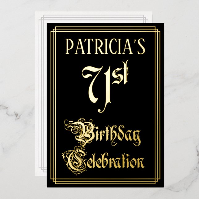 Invitación Con Relieve Metalizado Fiesta de cumpleaños número 71 — Letra script eleg (Anverso/Reverso)