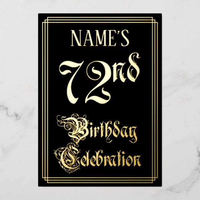 Invitación Con Relieve Metalizado Fiesta de cumpleaños número 72 — Script elegante y (Anverso)