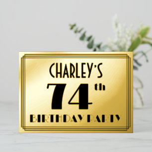 Invitación Con Relieve Metalizado Fiesta de Cumpleaños número 74 — Look Art Deco “74