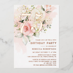Invitación Con Relieve Metalizado Fiesta de cumpleaños número 75 con acuarela floral