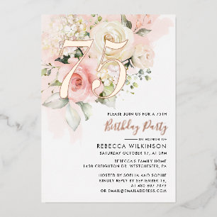 Invitación Con Relieve Metalizado Fiesta de cumpleaños número 75 con guión floral ac