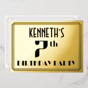 Invitación Con Relieve Metalizado Fiesta de cumpleaños número 7: Aspecto Art Deco “7