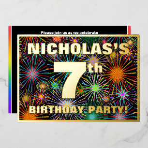 Invitación Con Relieve Metalizado Fiesta de cumpleaños número 7 — Fuegos artificiale