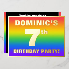 Invitación Con Relieve Metalizado Fiesta de cumpleaños número 7: Patrón de arcoíris 
