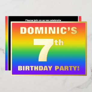 Invitación Con Relieve Metalizado Fiesta de cumpleaños número 7: Patrón de arcoíris