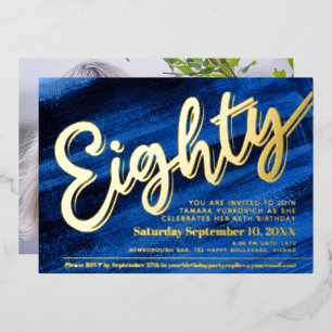 Invitación Con Relieve Metalizado Fiesta de cumpleaños número 80 ochenta azul arte g
