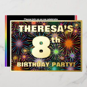 Invitación Con Relieve Metalizado Fiesta de cumpleaños número 8 — Fuegos artificiale